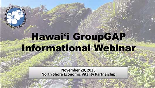Hawai‘i GroupGAP Informational Webinar 2025 cover image with North Shore Economic Vitality Partnership logo and local farm field background.