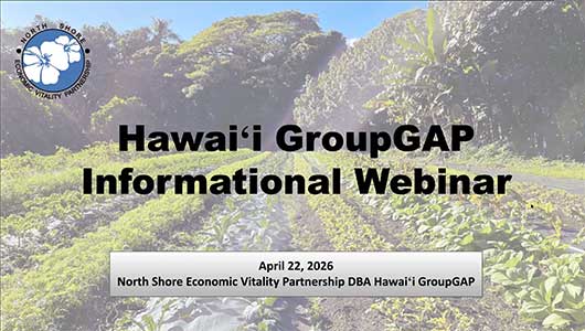 Hawai‘i GroupGAP informational webinar cover showing agricultural fields with event details for April 22, 2026.